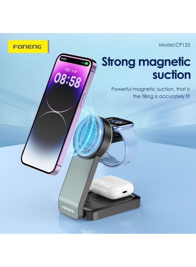 FONENG 3-in-1 Foldable Magnetic Wireless Charging Stand 15W , supports charging of mobile phones/smartwatches/Bluetooth headsets and other devices Foldable and convenient design, portable storage does not takeupspaceStrong magnetic suction, precise fit, built-in light bulb can be used as a night Light - Image 2