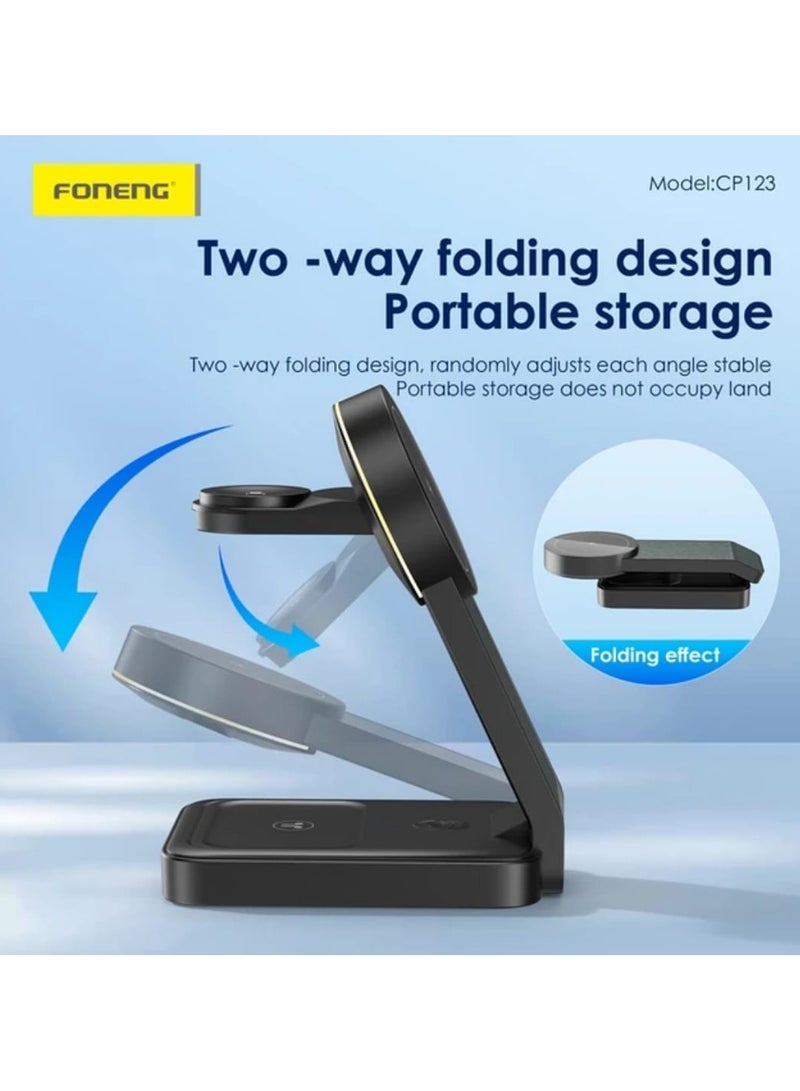 FONENG 3-in-1 Foldable Magnetic Wireless Charging Stand 15W , supports charging of mobile phones/smartwatches/Bluetooth headsets and other devices Foldable and convenient design, portable storage does not takeupspaceStrong magnetic suction, precise fit, built-in light bulb can be used as a night Light - Image 3