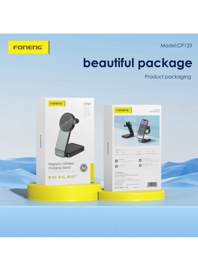 FONENG 3-in-1 Foldable Magnetic Wireless Charging Stand 15W , supports charging of mobile phones/smartwatches/Bluetooth headsets and other devices Foldable and convenient design, portable storage does not takeupspaceStrong magnetic suction, precise fit, built-in light bulb can be used as a night Light - Image 5