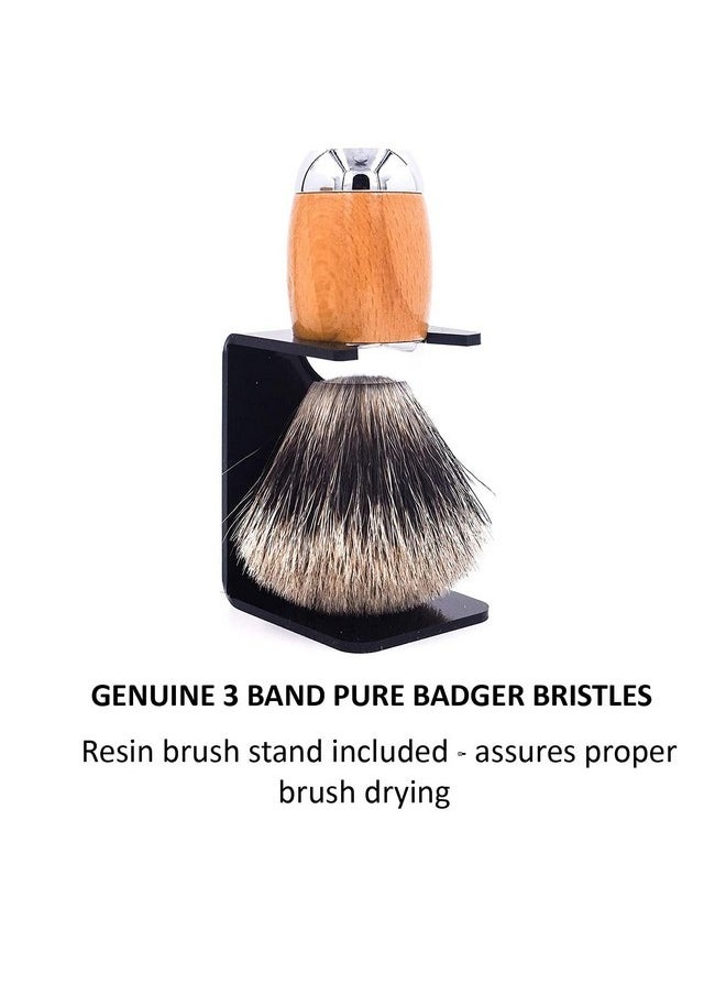 taconic shave 'S 3-Band Pure Badger Luxury Shaving Brush - Deluxe Beechwood And Chrome Handle - Shaving Stand Included  - Image 3