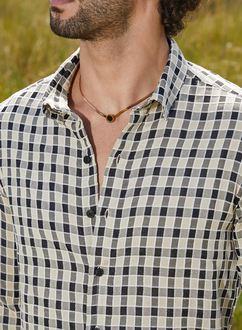 Campus Sutra  Men's Navy Blue & Cream White Glen Check Shirt for Men | Best Price UAE