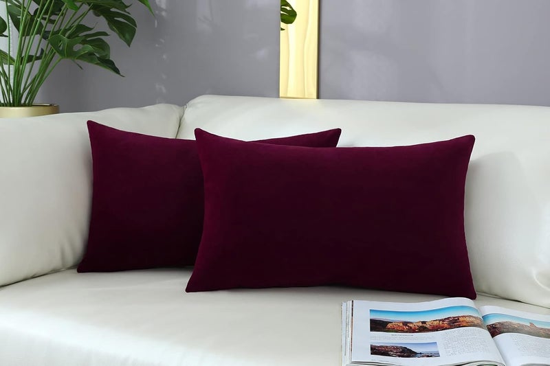 mixeoo Comfy Burgundy Red Throw Pillow Covers Decorative Lumbar Solid Rectangle Thick Velvet Super Soft Cushion Cases Home Decor for Sofa Couch Living Room Chair, Set of 2, 12 x 20 Inch - Image 1
