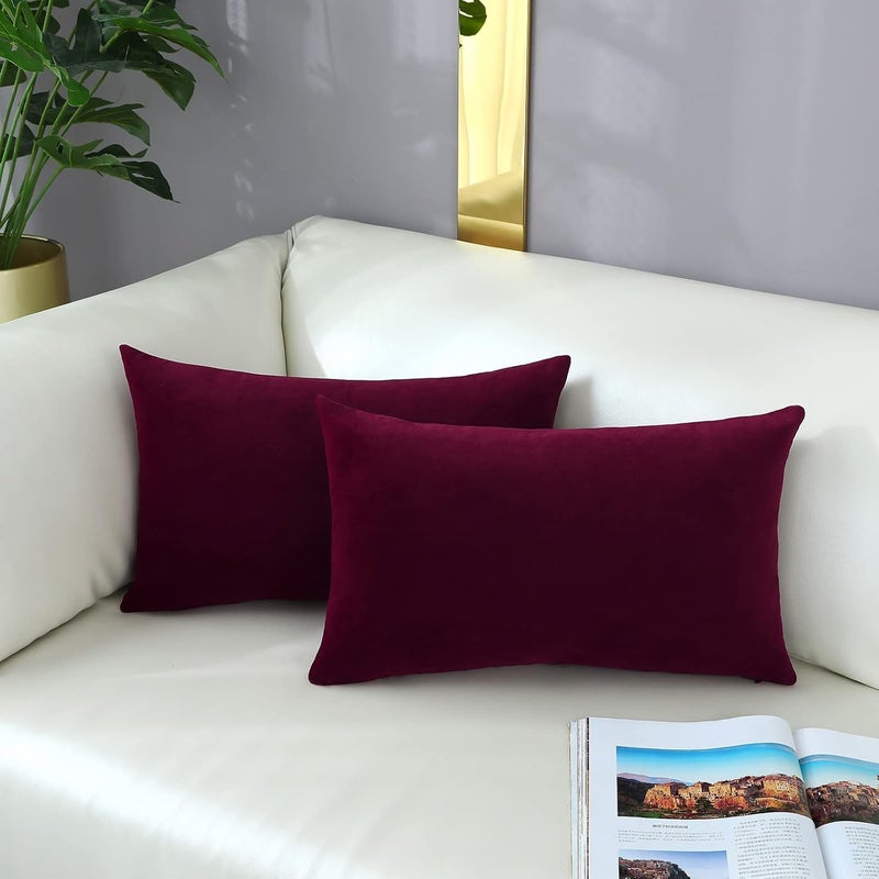 mixeoo Comfy Burgundy Red Throw Pillow Covers Decorative Lumbar Solid Rectangle Thick Velvet Super Soft Cushion Cases Home Decor for Sofa Couch Living Room Chair, Set of 2, 12 x 20 Inch - Image 3