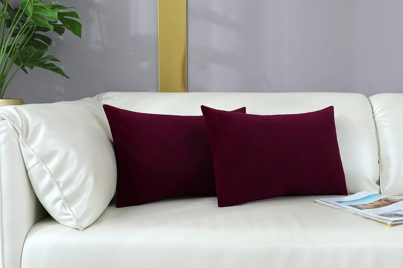 mixeoo Comfy Burgundy Red Throw Pillow Covers Decorative Lumbar Solid Rectangle Thick Velvet Super Soft Cushion Cases Home Decor for Sofa Couch Living Room Chair, Set of 2, 12 x 20 Inch - Image 2