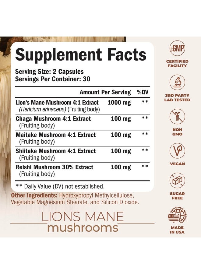 Vimerson Health Lions Mane Supplement Capsules - Mushroom Powder Blend with Lions Mane Powder, Turkey Tail, Shiitake Mushrooms & More. Focus & Energy Supplements for Mood & Immune Support. Non-GMO. 60 Vegan Capsules - Image 3