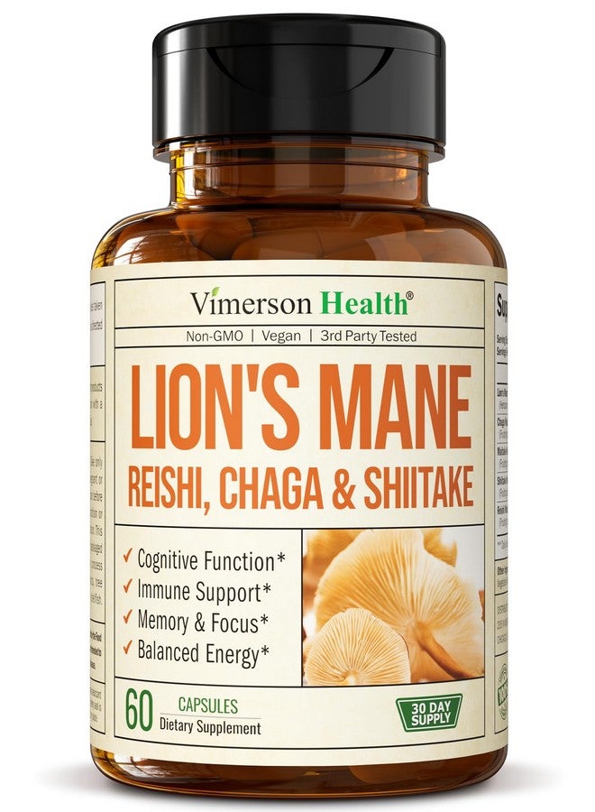 Vimerson Health Lions Mane Supplement Capsules - Mushroom Powder Blend with Lions Mane Powder, Turkey Tail, Shiitake Mushrooms & More. Focus & Energy Supplements for Mood & Immune Support. Non-GMO. 60 Vegan Capsules - Image 1