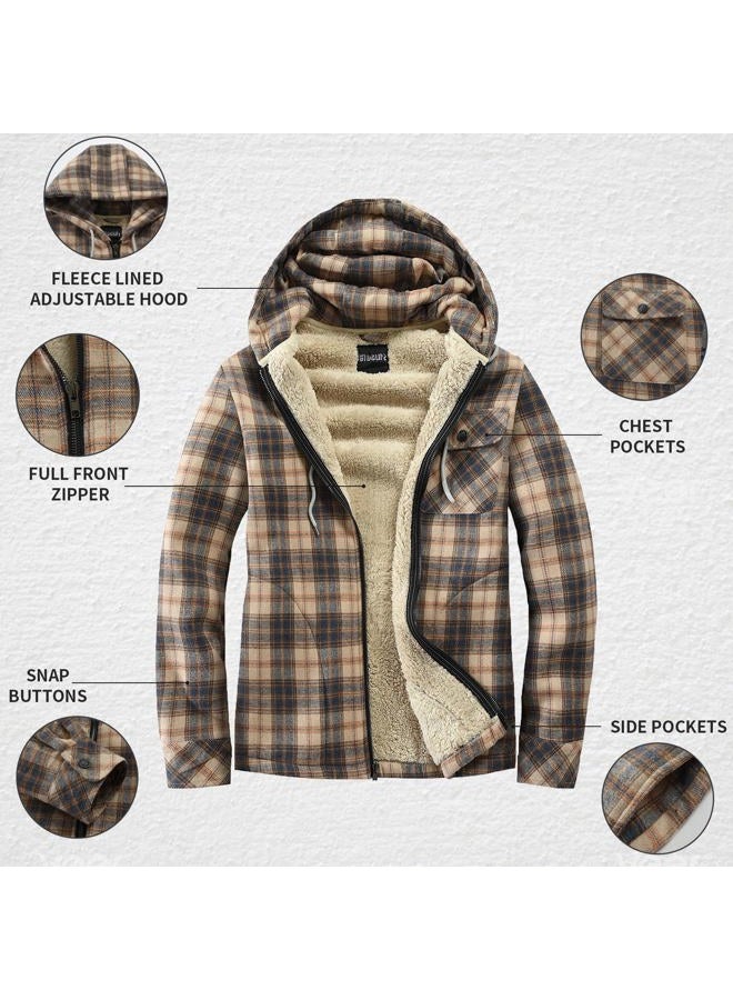 Elesuit Mens Hooded Flannel Jacket Shirt for Men Fleece Jackets for men Plaid Coat with Hood Beige Medium - Image 5