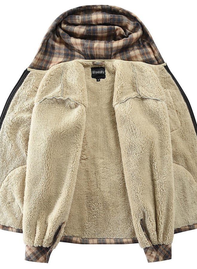 Elesuit Mens Hooded Flannel Jacket Shirt for Men Fleece Jackets for men Plaid Coat with Hood Beige Medium - Image 2