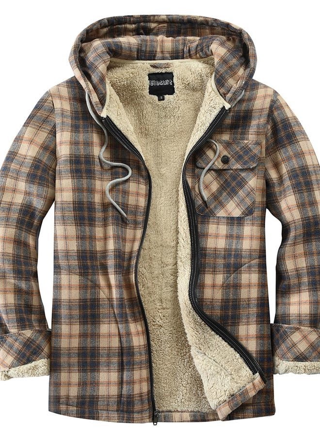 Elesuit Mens Hooded Flannel Jacket Shirt for Men Fleece Jackets for men Plaid Coat with Hood Beige Medium - Image 1