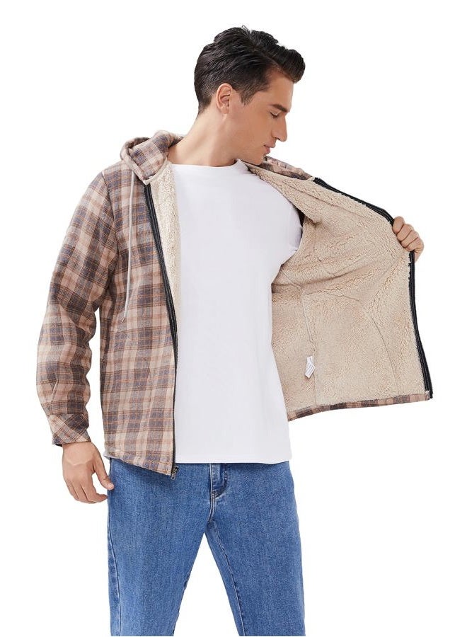 Elesuit Mens Hooded Flannel Jacket Shirt for Men Fleece Jackets for men Plaid Coat with Hood Beige Medium - Image 4