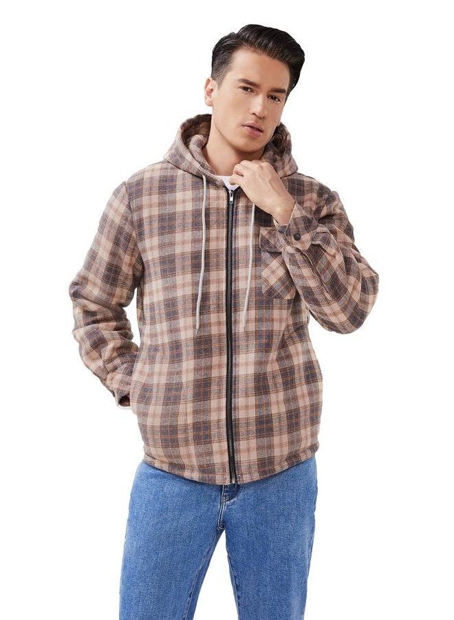 Elesuit Mens Hooded Flannel Jacket Shirt for Men Fleece Jackets for men Plaid Coat with Hood Beige Medium - Image 3