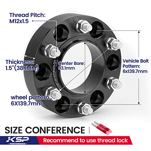 KSP PERFORMANCE فواصل عجلات KSP 1.5 بوصة رينجر، فاصل مطروق 6x5.5 متوافق مع رينجر 2019-2024/ برونكو 2021-2024، 4 قطع 38 مم فاصل عجلات من الألمنيوم مع ثقب محور 93.1 مم وملف خيط M12x1.5 - Image 2