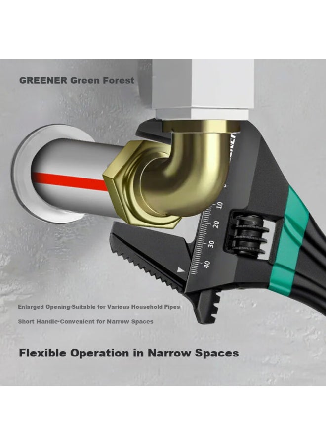 Greener Wide-mouth Adjustable Wrench, Short-handle Adjustable Spanner, Narrow Space Bathroom-specific Blackened Toothed Wrench, 6 Inches - Image 2