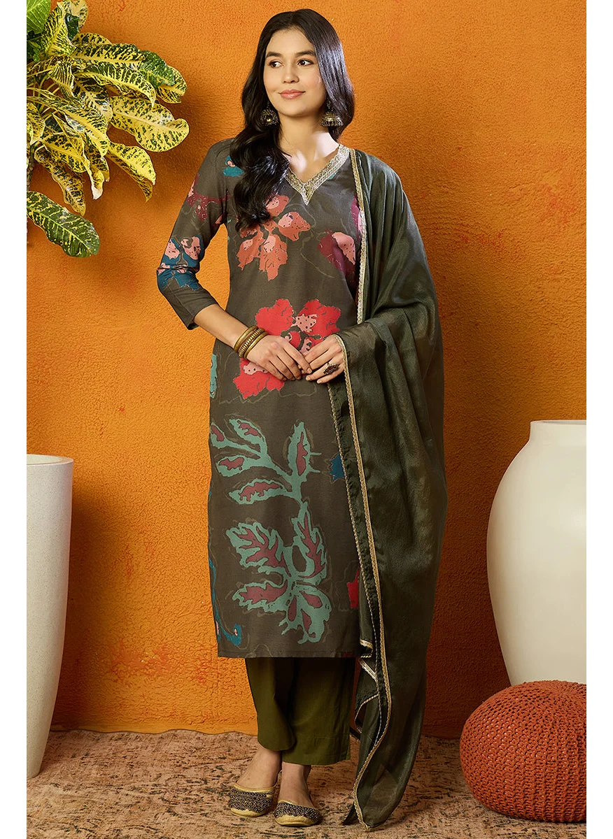زيري سوق Olive Rayon Blend Floral Printed Straight Kurta Set