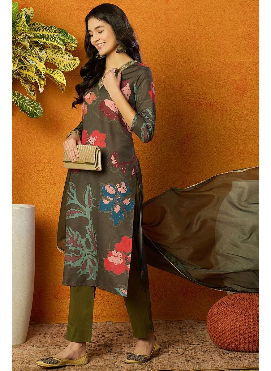 زيري سوق Olive Rayon Blend Floral Printed Straight Kurta Set
