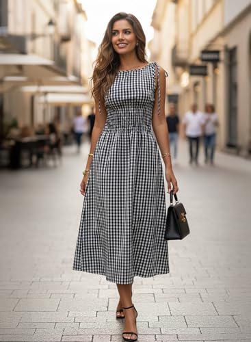 Acelitt Summer Maxi Dresses for Women 2026 Smocked Waist Gingham Dress Flowy A Line Beach Long Sun Dress with Pockets Vacation Outfits Brown Large - Image 2