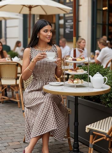 Acelitt Summer Maxi Dresses for Women 2026 Smocked Waist Gingham Dress Flowy A Line Beach Long Sun Dress with Pockets Vacation Outfits Brown Large - Image 3