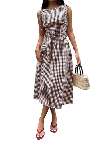 Acelitt Summer Maxi Dresses for Women 2026 Smocked Waist Gingham Dress Flowy A Line Beach Long Sun Dress with Pockets Vacation Outfits Brown Large - Image 5