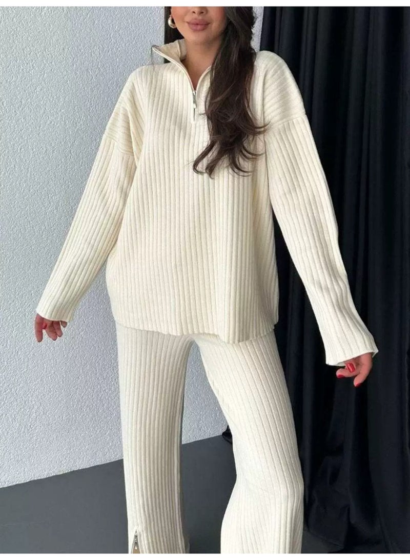 general 2025-2026 Autumn-Winter Women's Solid Color Zip Knit Set with High Neck and Plaid Linen Homewear Set of Two Pieces - Image 1