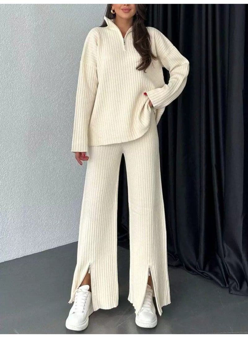 general 2025-2026 Autumn-Winter Women's Solid Color Zip Knit Set with High Neck and Plaid Linen Homewear Set of Two Pieces - Image 2