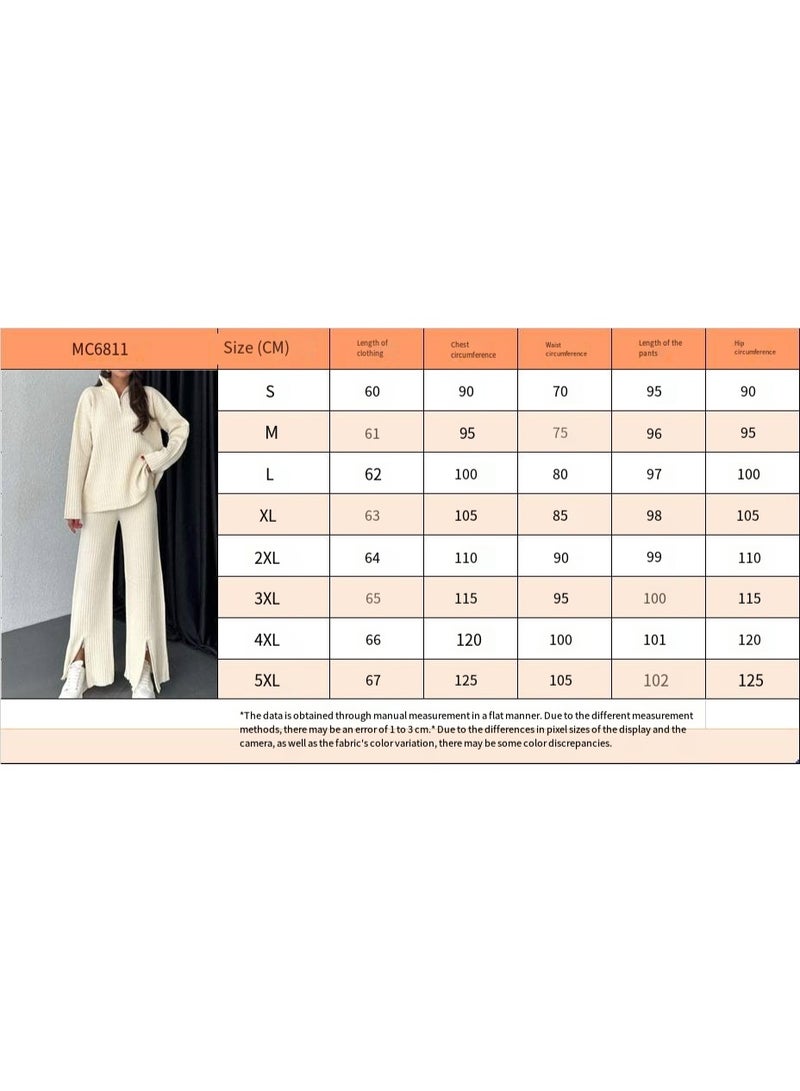 general 2025-2026 Autumn-Winter Women's Solid Color Zip Knit Set with High Neck and Plaid Linen Homewear Set of Two Pieces - Image 3