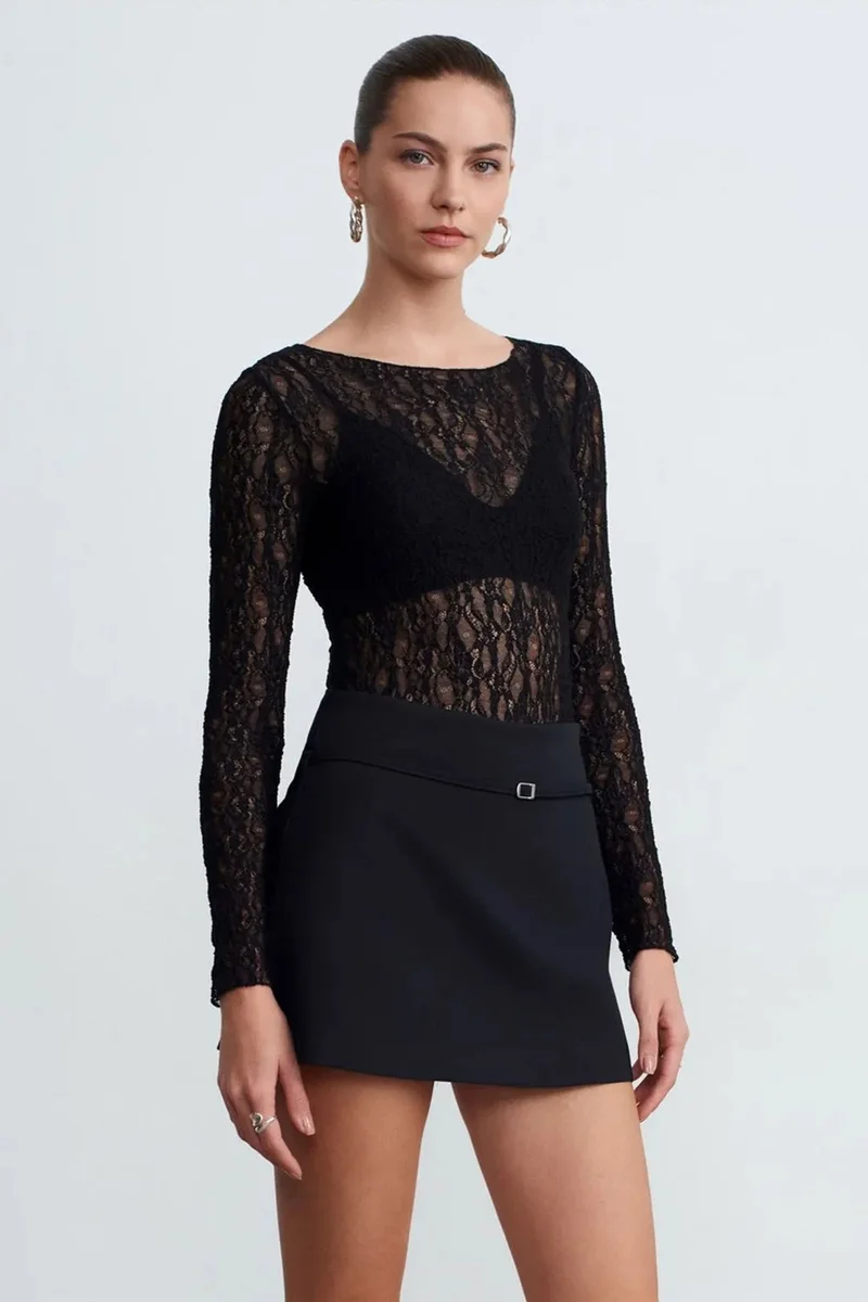 Dilvin Black DILVIN Slim Fit Lace Boat Neck Blouse for Women | Best Price UAE