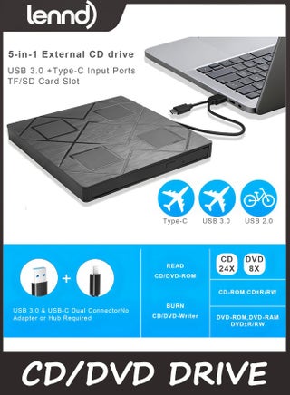 5-in-1 Extemal CD/DVD Drive for Laptop,USB 3.0 & Type-C Portable CD/DvD Rw Burner with SD/TF Card Reader &DVD-ROM Rewritable Player，Compatible with Laptop Pc Desktop, Windows11/10/8/7 Linux Mac os - view 3