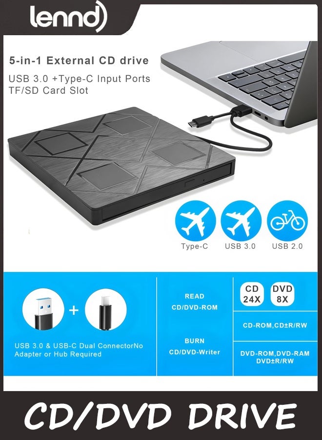 LENND 5-in-1 Extemal CD/DVD Drive for Laptop,USB 3.0 & Type-C Portable CD/DvD Rw Burner with SD/TF Card Reader &DVD-ROM Rewritable Player，Compatible with Laptop Pc Desktop, Windows11/10/8/7 Linux Mac os - Image 3