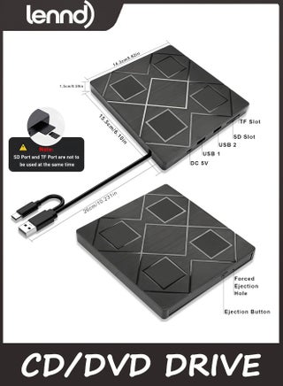 5-in-1 Extemal CD/DVD Drive for Laptop,USB 3.0 & Type-C Portable CD/DvD Rw Burner with SD/TF Card Reader &DVD-ROM Rewritable Player，Compatible with Laptop Pc Desktop, Windows11/10/8/7 Linux Mac os - view 4