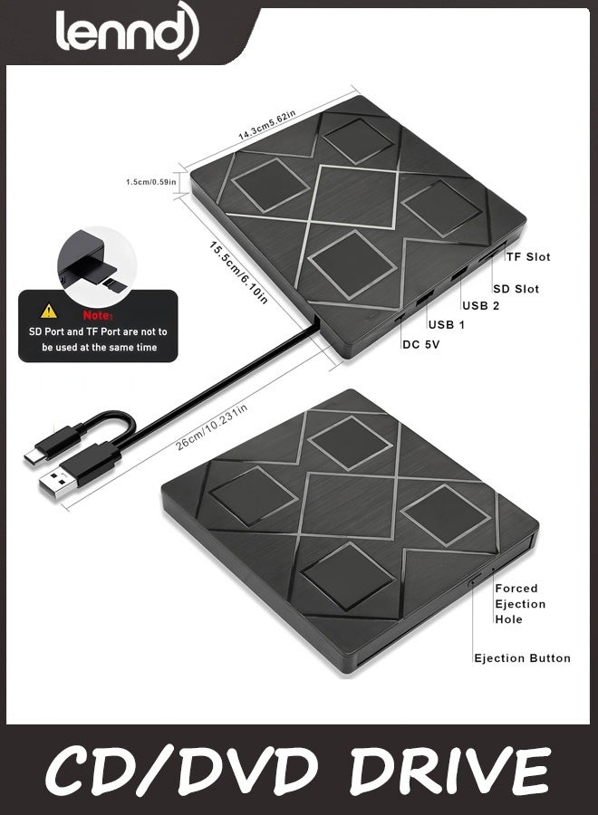 LENND 5-in-1 Extemal CD/DVD Drive for Laptop,USB 3.0 & Type-C Portable CD/DvD Rw Burner with SD/TF Card Reader &DVD-ROM Rewritable Player，Compatible with Laptop Pc Desktop, Windows11/10/8/7 Linux Mac os - Image 4