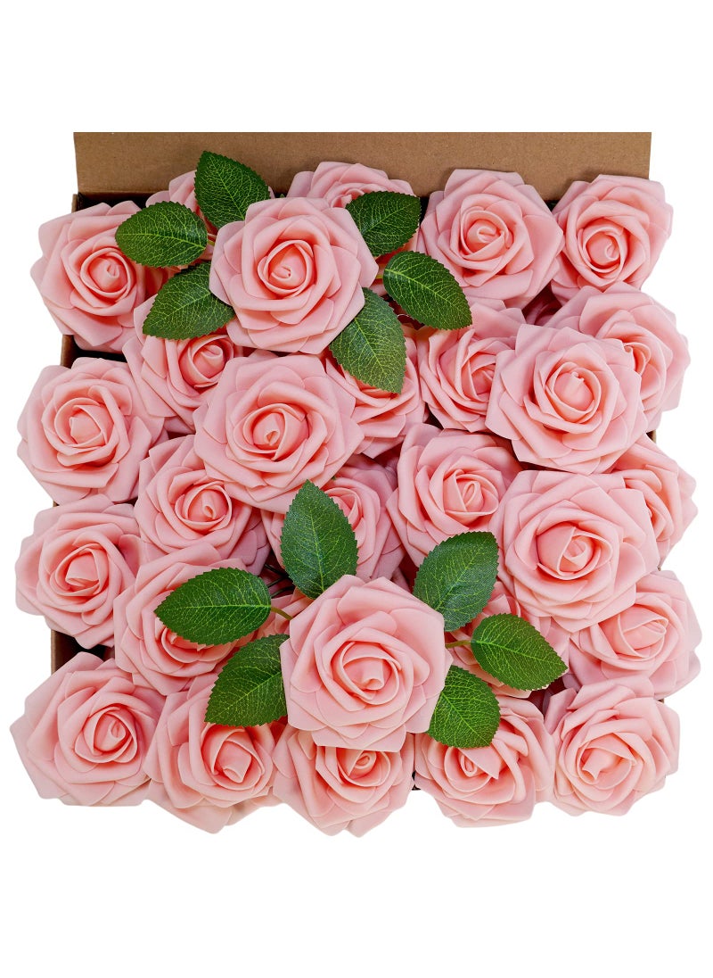 Winlyn Winlyn 50 pcs Real Touch Blush Pink Roses with Stems & Silk Leaves - Bulk Artificial Flowers for Weddings Centerpieces Floral Arrangements Party Decorations Baby Showers Birthday Anniversaries Crafts  - Image 2
