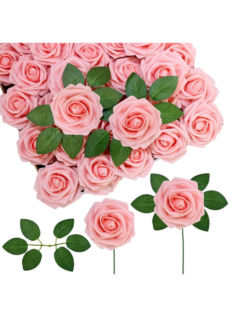 Winlyn Winlyn 50 pcs Real Touch Blush Pink Roses with Stems & Silk Leaves - Bulk Artificial Flowers for Weddings Centerpieces Floral Arrangements Party Decorations Baby Showers Birthday Anniversaries Crafts  - Image 1