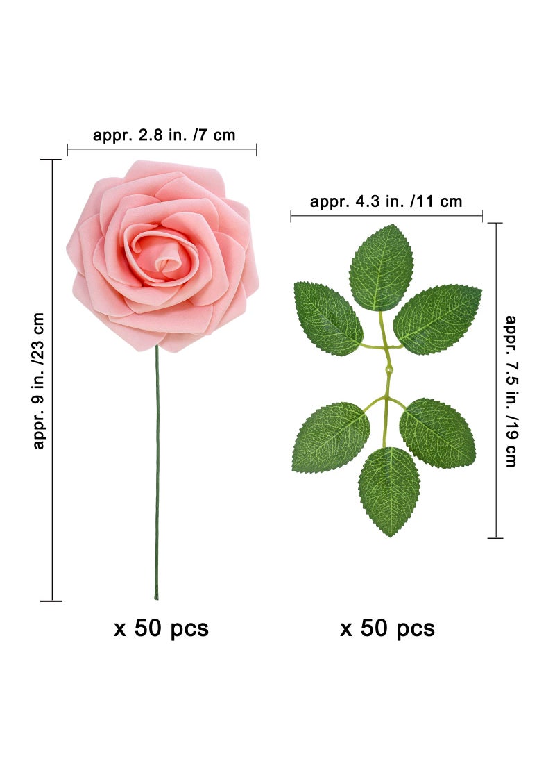 Winlyn Winlyn 50 pcs Real Touch Blush Pink Roses with Stems & Silk Leaves - Bulk Artificial Flowers for Weddings Centerpieces Floral Arrangements Party Decorations Baby Showers Birthday Anniversaries Crafts  - Image 5