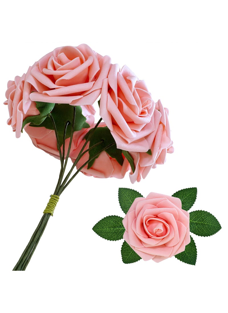 Winlyn Winlyn 50 pcs Real Touch Blush Pink Roses with Stems & Silk Leaves - Bulk Artificial Flowers for Weddings Centerpieces Floral Arrangements Party Decorations Baby Showers Birthday Anniversaries Crafts  - Image 3