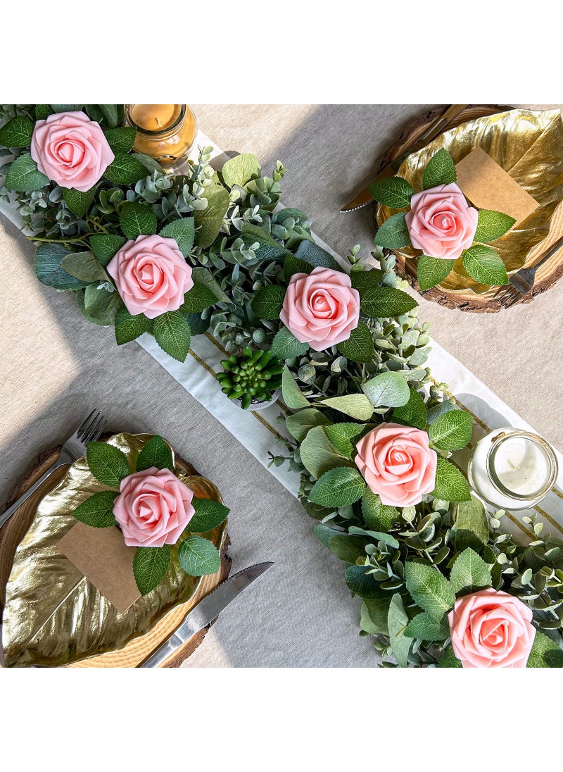 Winlyn Winlyn 50 pcs Real Touch Blush Pink Roses with Stems & Silk Leaves - Bulk Artificial Flowers for Weddings Centerpieces Floral Arrangements Party Decorations Baby Showers Birthday Anniversaries Crafts  - Image 4
