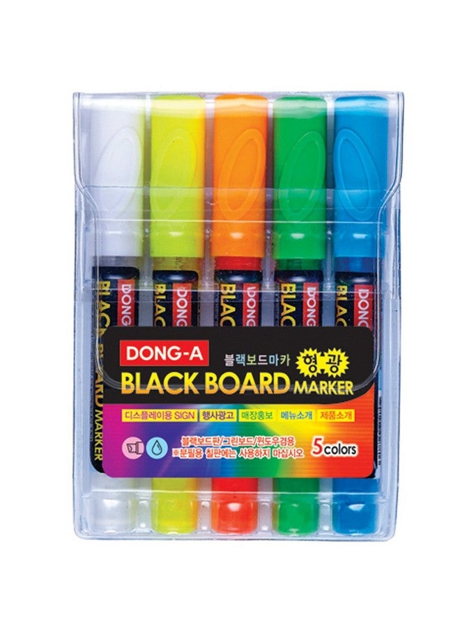 دونغ-أيه مجموعة أقلام تحديد سائلة قابلة للمسح الجاف مكونة من 5 ألوان فلورية نيونية للوحة القائمة السوداء LED والأكريليك والنافذة (أخضر، برتقالي، أبيض، أصفر، أزرق) - Image 2