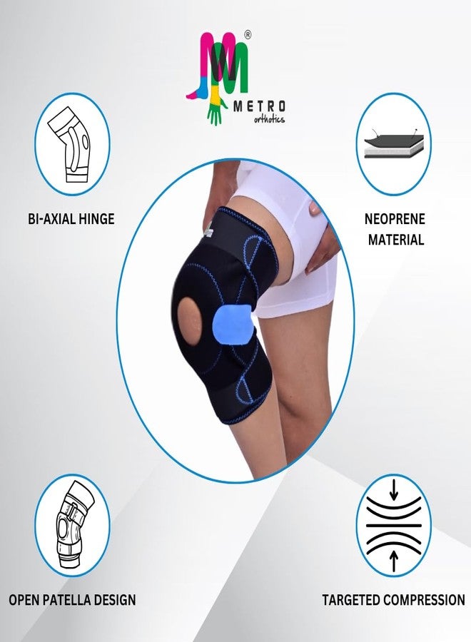 رباط الركبة المفصلي الأسود من النيوبرين من METRO Orthotics مع فتحة للرضفة، دعامة ركبة مفصلية ثنائية المحور صلبة لتخفيف آلام المفاصل، والتمارين الرياضية، والتهاب المفاصل وتمزق الأربطة، غطاء للركبة للرجال والنساء (XXXL) - Image 4