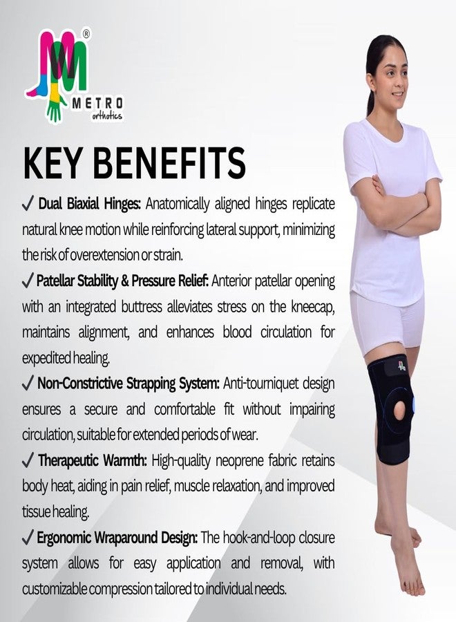 رباط الركبة المفصلي الأسود من النيوبرين من METRO Orthotics مع فتحة للرضفة، دعامة ركبة مفصلية ثنائية المحور صلبة لتخفيف آلام المفاصل، والتمارين الرياضية، والتهاب المفاصل وتمزق الأربطة، غطاء للركبة للرجال والنساء (XXXL) - Image 2