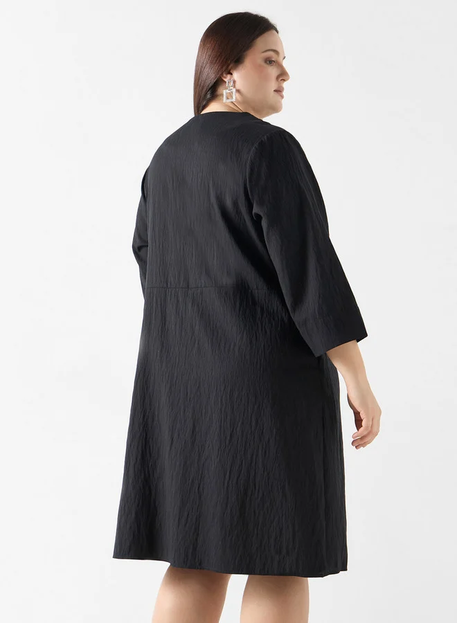 Ulla Popken Plus Size Ulla Popken Textured Dress with Pockets and 3/4 Sleeves
