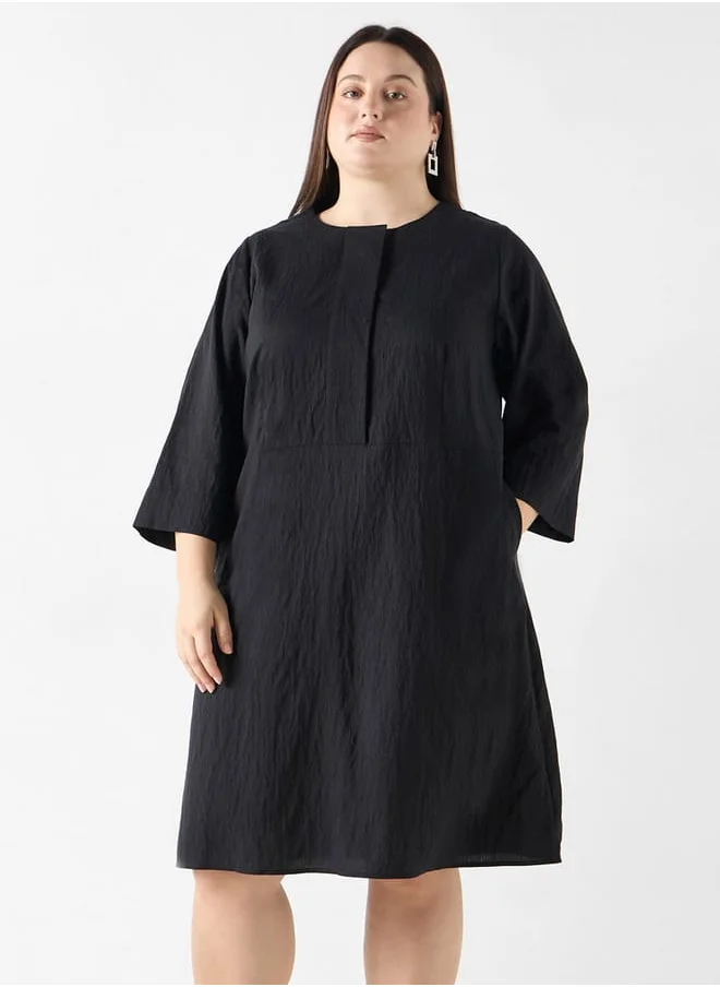 Ulla Popken Plus Size Ulla Popken Textured Dress with Pockets and 3/4 Sleeves