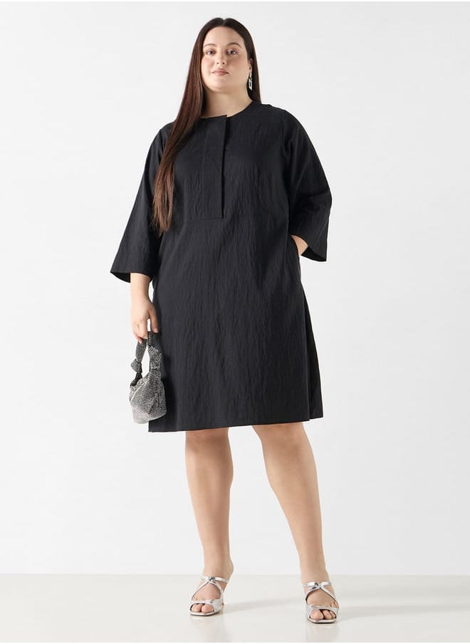 Ulla Popken Plus Size Ulla Popken Textured Dress with Pockets and 3/4 Sleeves  - Image 2