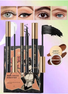 4Pcs Brow and Eye Makeup Set 4 in 1 Black Eyelash Curling Mascara Liquid Eyeliner Brow Cream Styling Wax and Eyelash Growth Serum Eyelash and Eyebrow Makeup Kit