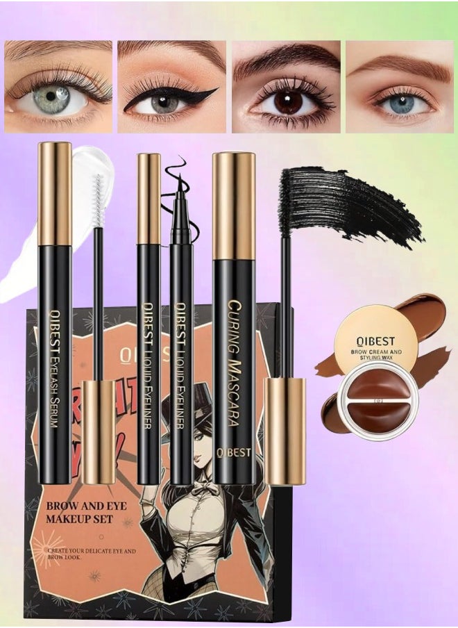 QiBest 4Pcs Brow and Eye Makeup Set 4 in 1 Black Eyelash Curling Mascara Liquid Eyeliner Brow Cream Styling Wax and Eyelash Growth Serum Eyelash and Eyebrow Makeup Kit  - Image 1