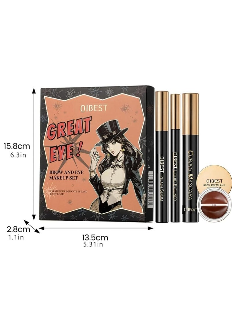 QiBest 4Pcs Brow and Eye Makeup Set 4 in 1 Black Eyelash Curling Mascara Liquid Eyeliner Brow Cream Styling Wax and Eyelash Growth Serum Eyelash and Eyebrow Makeup Kit  - Image 3