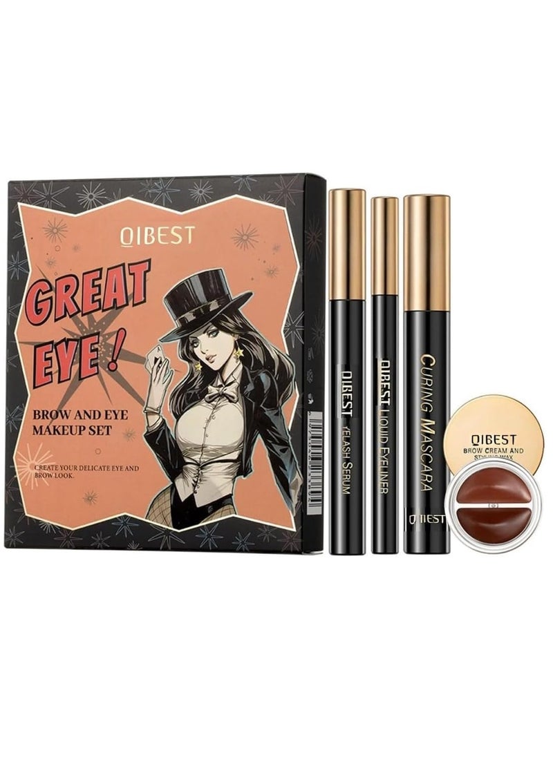 QiBest 4Pcs Brow and Eye Makeup Set 4 in 1 Black Eyelash Curling Mascara Liquid Eyeliner Brow Cream Styling Wax and Eyelash Growth Serum Eyelash and Eyebrow Makeup Kit  - Image 2