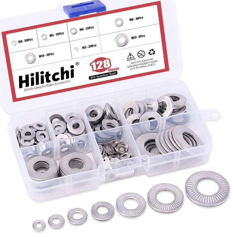 Hilitchi 128-Pcs [M3 - M12] Stainless Steel Washers Metric 304 Stainless Steel Belleville Spring Disc Washer Assortment Set - Image 1