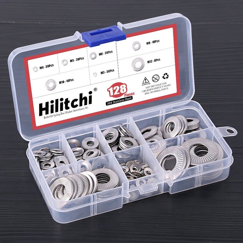 Hilitchi 128-Pcs [M3 - M12] Stainless Steel Washers Metric 304 Stainless Steel Belleville Spring Disc Washer Assortment Set - Image 4
