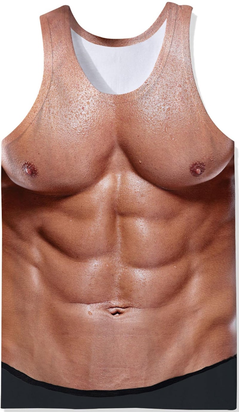 RAISEVERN Mens Tank Tops Summer Muscle Workout Sleeveless Shirt Cool Beach Fake Six Pack Abs Bare Chest Graphic Athletic Tee Sports Gym Training Party Hairy Chest Undershirts - Image 3