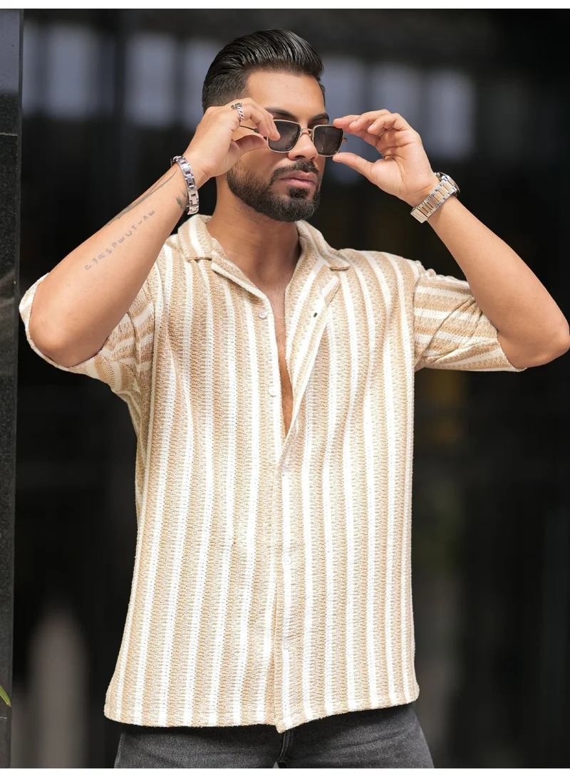 Maniac Maniac Mens Textured Striped Half Sleeve Collared Neck Beige Oversized Shirt