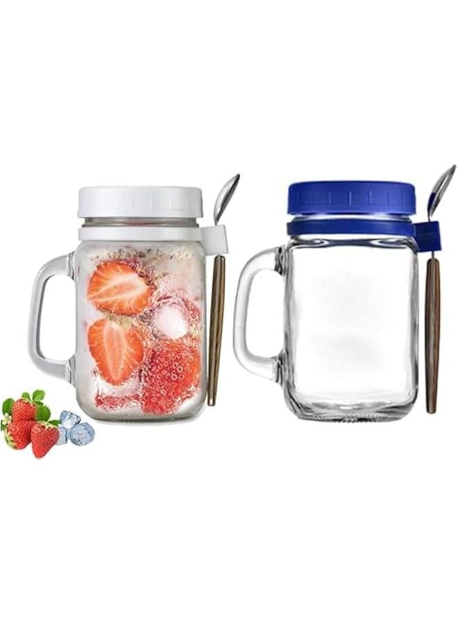 هوكور HOOKOR 2 PCS Overnight Oat Jars, with Lid, Spoon and Handle, 480ml for Overnight Oats, Oatmeal, Yogurt, Parfait, Chia Pudidng, Salad, Cereal, Fruit (White+Blue) - Image 1